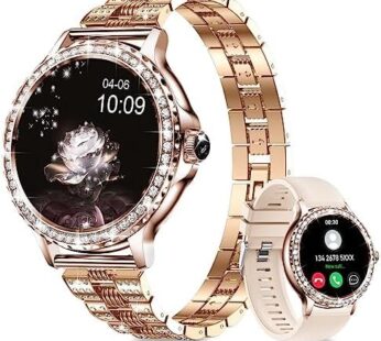 GEN 9 Golden Round Diamond Smartwatch for Women | Ultra Luxury Rose Gold Bracelet Smart Watch Bluetooth Call, Wireless Charge, Fashionable Fitness Tracker-Golden Version